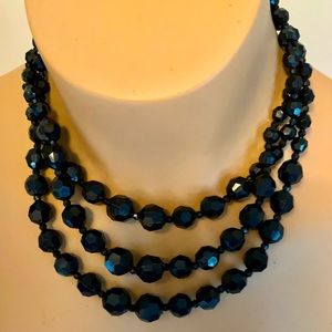 Triple Strand Black Beaded Necklace